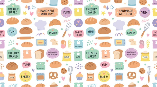 Cute Cartoon Bakery Pattern with Freshly Baked Food and Baking Elements for Food Industry