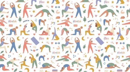 Obraz premium Fitness Yoga Flat Vector Seamless Pattern with Diverse People Poses for Health Wellness