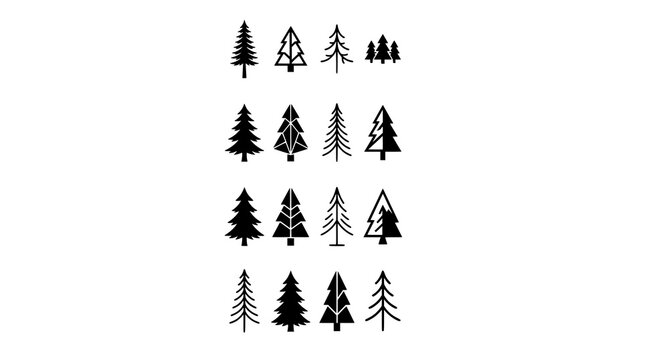 Minimal pine tree logo vector set with modern fir tree silhouettes and clean forest icon collection