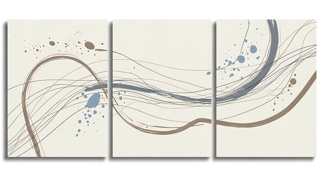 Triptych art piece with abstract lines and splatters on beige background