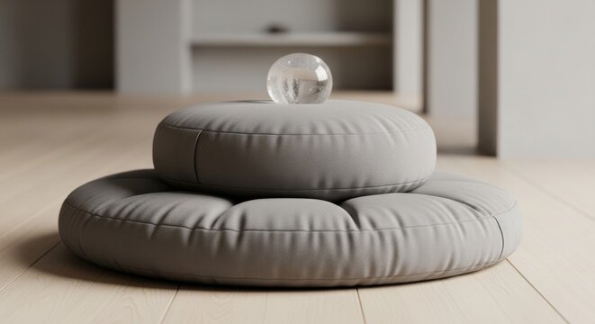A serene round grey zabuton mat with a clear orb, perfect for meditation and minimalist home decor