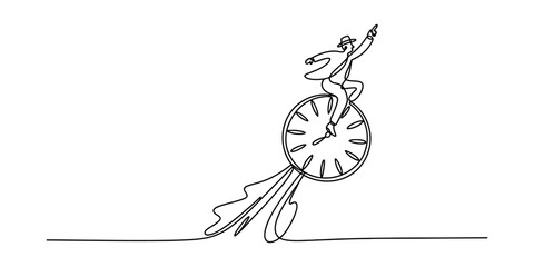 Man in suit riding a clock like a unicycle and pointing forward, single line drawing art Vector, illustration © Jotish_Design Store