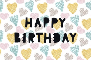 colorful watercolor birthday card with happy birthday text and heart shapes © Rida
