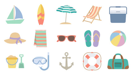 Fototapeta premium Flat Summer Beach Icons Set Vector Illustration