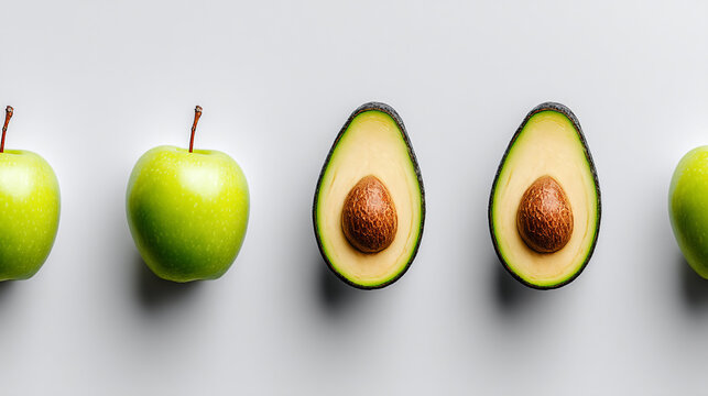 Row of fresh green apples and halved avocados with pits on a white background, nutrition