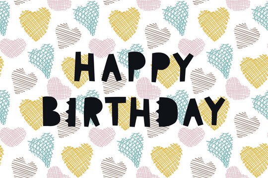 colorful watercolor birthday card with happy birthday text and heart shapes
