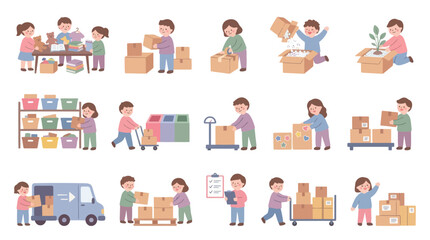 Fototapeta premium Children Packing and Moving Boxes, Delivering Parcels - Flat Vector Art