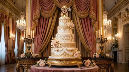 Fototapeta premium Elegant multitiered anniversary cake with gold ornate decorations in a luxurious ballroom setting