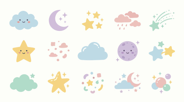 Cute Pastel Sky Elements: Clouds, Stars, Moon Icons - Flat Vector Art