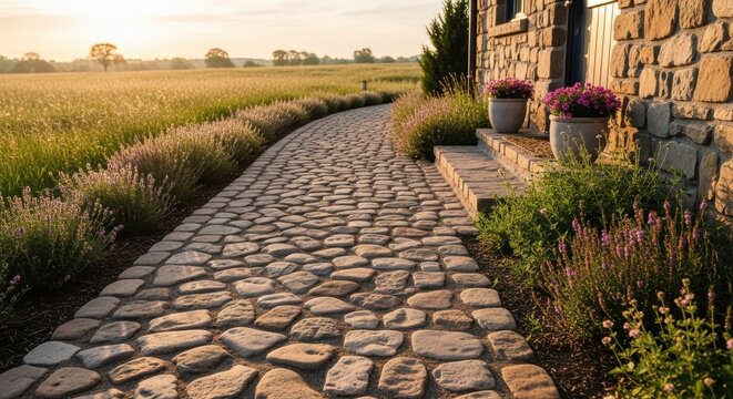 A gently curving tumbled stone pathway leading towards a rustic stone house entrance bordered by fragrant lavender bushes at sunset
