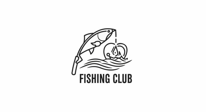 A stylized line art logo depicts a fish caught on a hook in choppy water