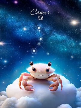 Whimsical Zodiac Pals Friends Concept Cute Baby Cancer Crab Animal Photo Poster Home or Studio Decoration Colorful Space Background