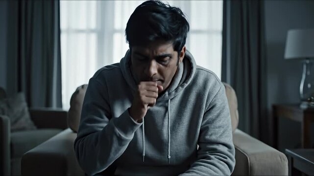 A young man sitting on a sofa, looking down with a pensive expression, suggesting feelings of distress or illness in a dimly lit room