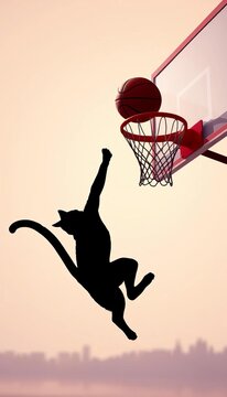 Agile black cat silhouette leaping to dunk a basketball into the hoop, sharp, cat