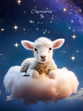 Whimsical Zodiac Pals Friends Concept Cute Baby Capricorn Sheep Lamb Animal Photo Poster Home or Studio Decoration Colorful Space Background