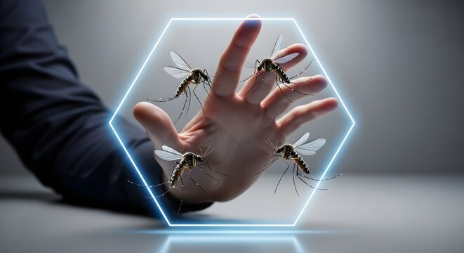 Human hand protected by digital glowing shield from mosquitoes, pest control concept