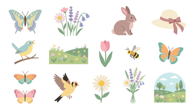 Spring flat design icons: bunny, butterfly, flowers, bird, bee, hat, landscape
