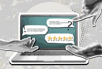 Plakat Trendy Halftone Collage speech bubble with hand and five stars on screen laptop. Positive review. Customer feedback. High quality and good business reputation.