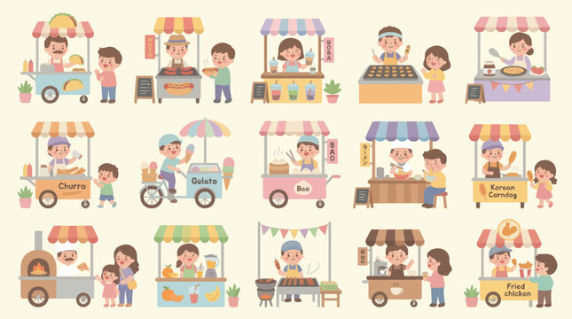 Cute Cartoon Food Stalls with People, Flat Design Vector