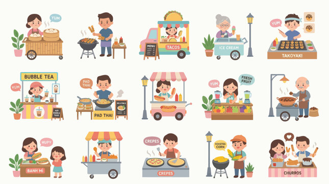 Cute Food Truck Illustrations: Diverse Vendors Selling Snacks  Drinks, Flat Style