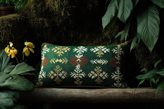 forest green handwoven cushion cover with pine motifs