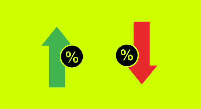 Percentage increase and decrease arrows on bright yellow background