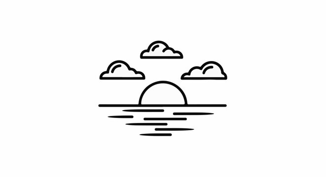 Abstract line art of a sunset over water with clouds