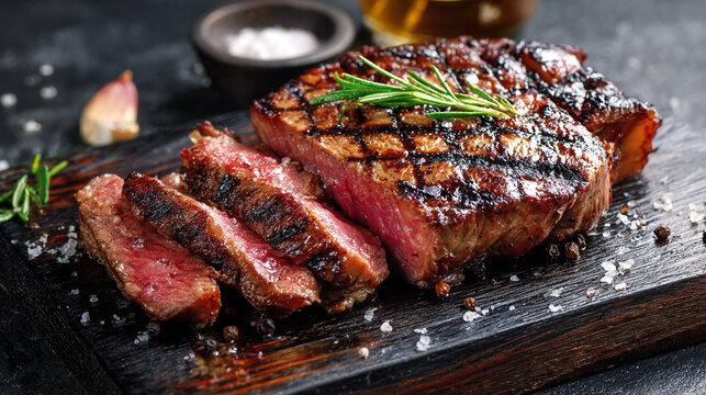 Sliced medium rare grilled beef steak showing pink juicy inside on dark board