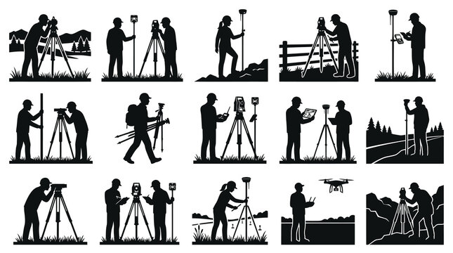 Surveyors with Equipment Icons: Construction, Geodesy, Technology, Black  White