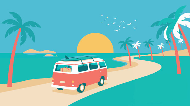Colorful flat vector illustration displaying a classic retro red camper van driving along a scenic coastal road next to a beautiful tropical summer beach during a warm sunny sunset