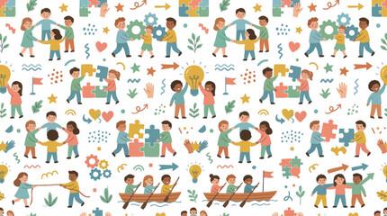 Fototapeta premium Seamless Pattern of Diverse Kids Collaborating, Teamwork, Puzzles, Lights, Boats, Flat Style