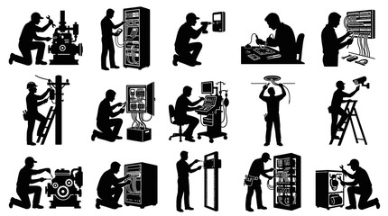 Obraz premium Electrician Silhouette Icons: Installation, Repair, Technology, Industry