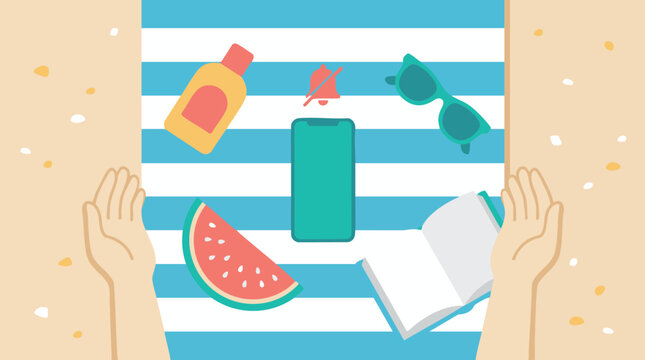Flat vector illustration from top view showing a sunny summer beach towel with a mobile phone on silent mode alongside sunglasses sunscreen watermelon and a book for digital detox