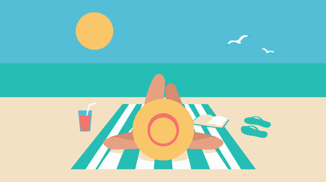 Colorful flat vector illustration showing a relaxed woman wearing a straw hat sunbathing on a striped towel at a beautiful sunny summer tropical beach with blue sky and ocean