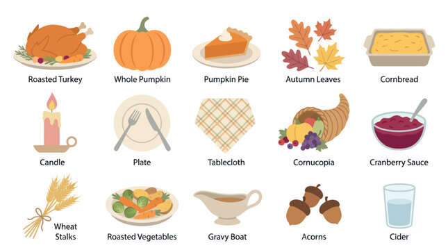 Thanksgiving Food and Decorations Flat Icons Set