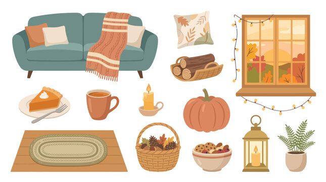 Cozy Autumn Home Decor Vector Illustration - Flat Style