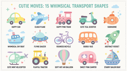 Fototapeta premium Cutie Moves: 15 Whimsical Transport Shapes Flat Illustration for Kids Education