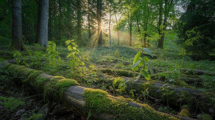Obraz premium Beautiful morning sunrise scene in lush green forest with sun rays shining through trees and illuminating mossy fallen logs and small plants covering ground creating peaceful and serene atmosphere.
