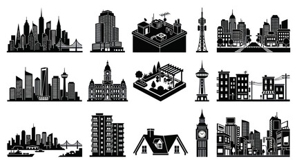 Naklejka premium Black and White Cityscape Vector Art: Buildings, Towers, Architecture, Skyline