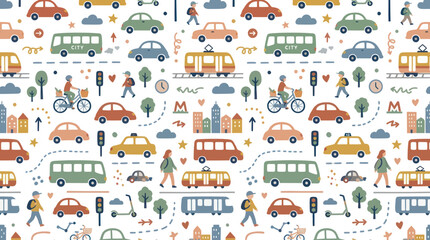 Naklejka premium Cute Cartoon City Transportation Seamless Pattern - Cars, Buses, Trams, People