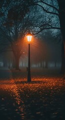 Fototapeta premium Mysterious Glowing Lamp Post in Foggy Autumn Park at Night.