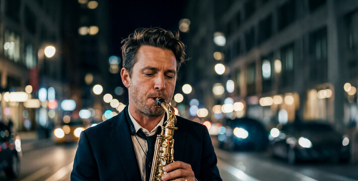 Jazz musician playing saxophone on city street at night with bokeh lights,