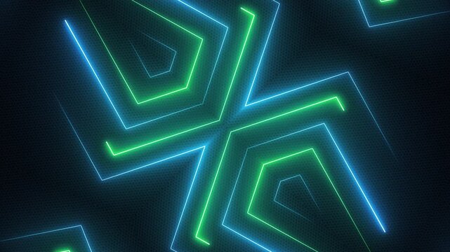 Stylish gaming technology background with glowing green and blue neon light beams on black carbon mesh texture. This futuristic tech animation is full HD and a seamless loop.