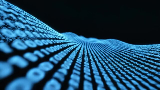 Binary code wave on dark background emphasizing advanced technology and cybersecurity