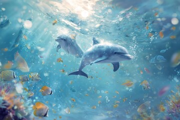 Fototapeta premium playful underwater scene with dolphins and fish