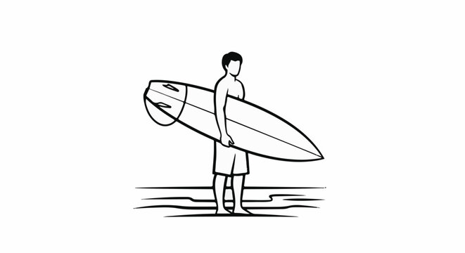 Minimalist line art of a surfer holding a board at the edge of the water