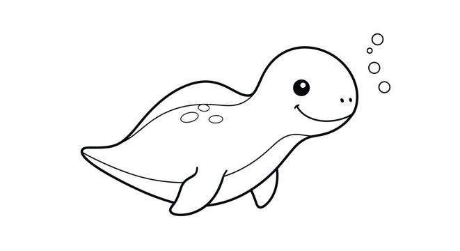 Black and white line art illustration of a cute baby sea monster or plesiosaur swimming with bubbles for a kids coloring book.