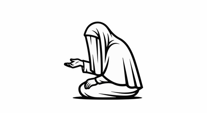 Figure in flowing garment kneels with open palm, head covered
