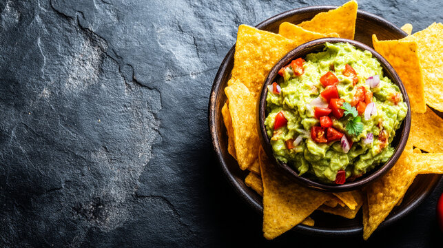 Fresh guacamole dip with tomato topping and corn tortilla chips on dark stone background