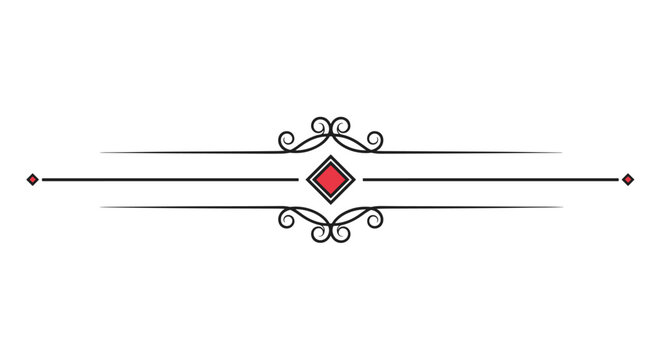 Elegant horizontal page divider with a central red diamond motif and symmetrical black scrolls for classic document design.